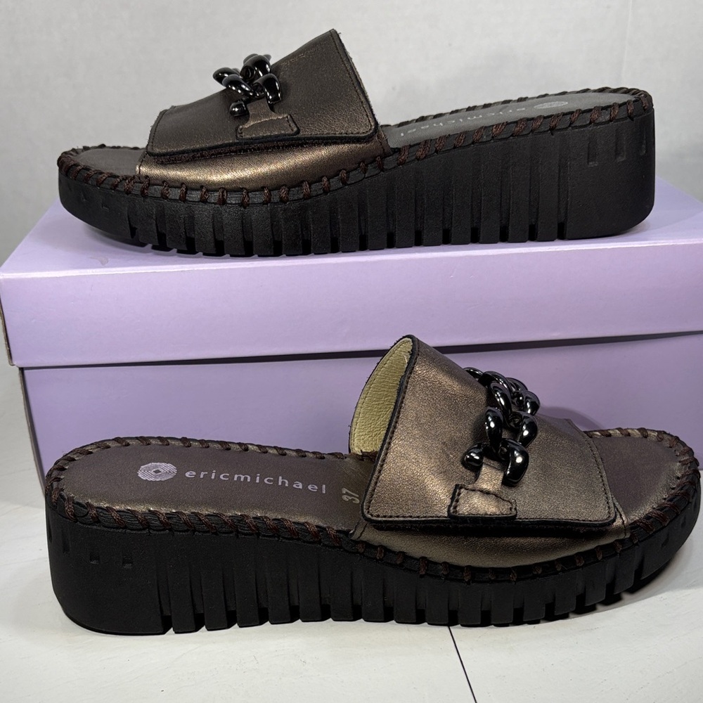 Eric Michael Metallic Bronze Chain-Accent Platform Slide Mules Women’s 6.5